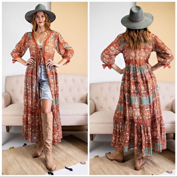 Tie Waist Boho Geo Print Breezy Ruffle Maxi Kimono Duster - Picture 5 of 6